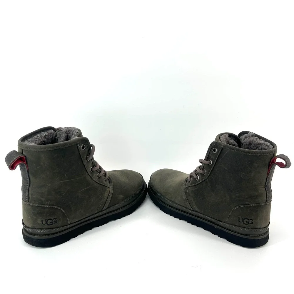 UGG Men's 7 Harkley Waterproof Leather Greenish‎ Gray Lace Up Boots Shearling